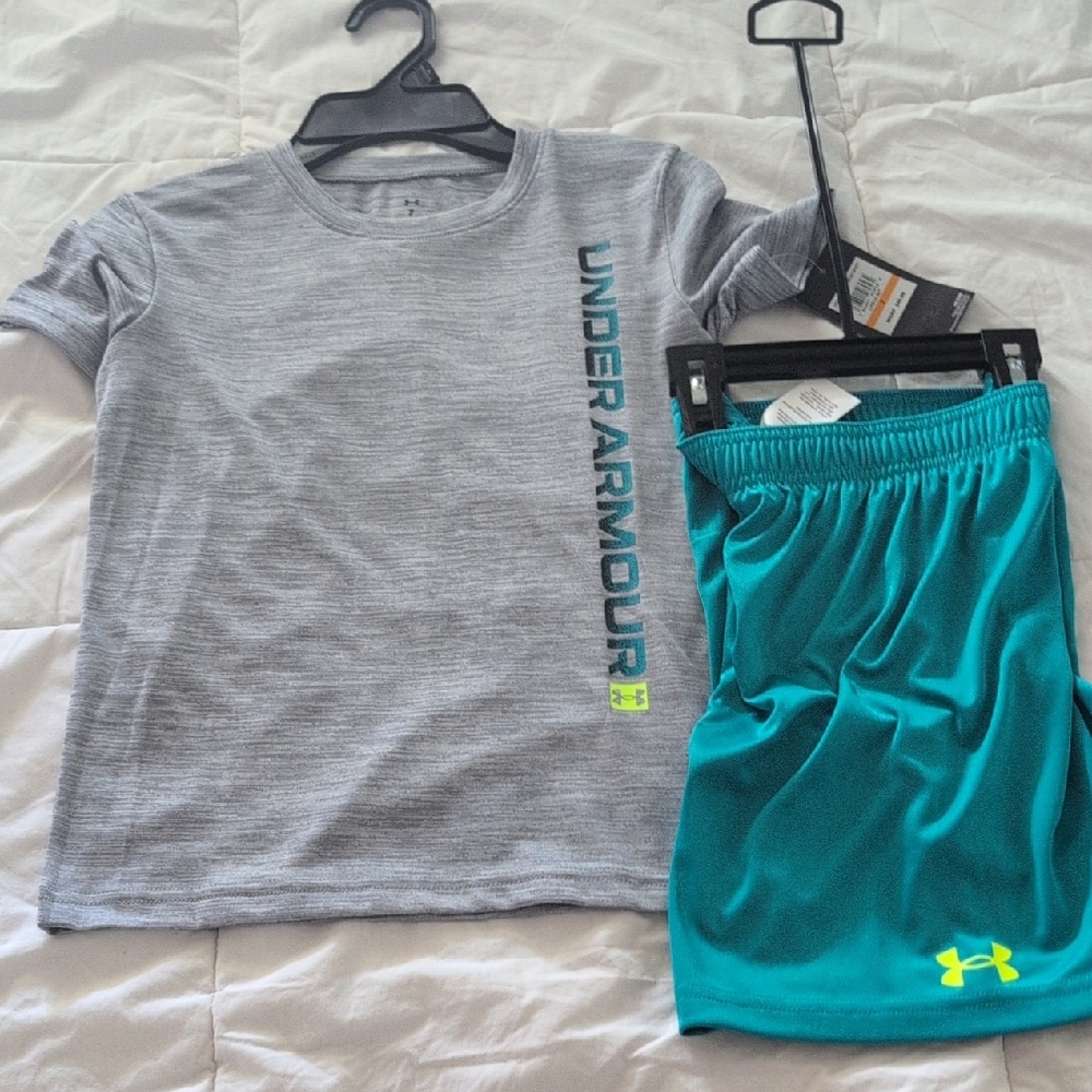 Under Armour Heather Gray Tee and Teal Shorts